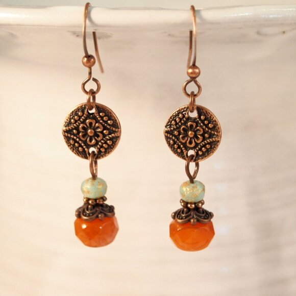 Copper Czech Glass Drop Earrings Boho Chic Dangle Pierced or Clip-on Earrings - Picture 5 of 8